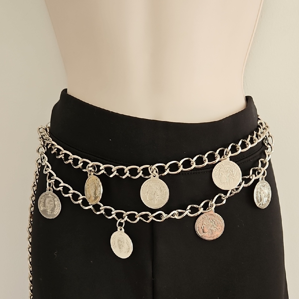 Vintage Faux French Coin & Chain Belt Republique Francaise Adjustable